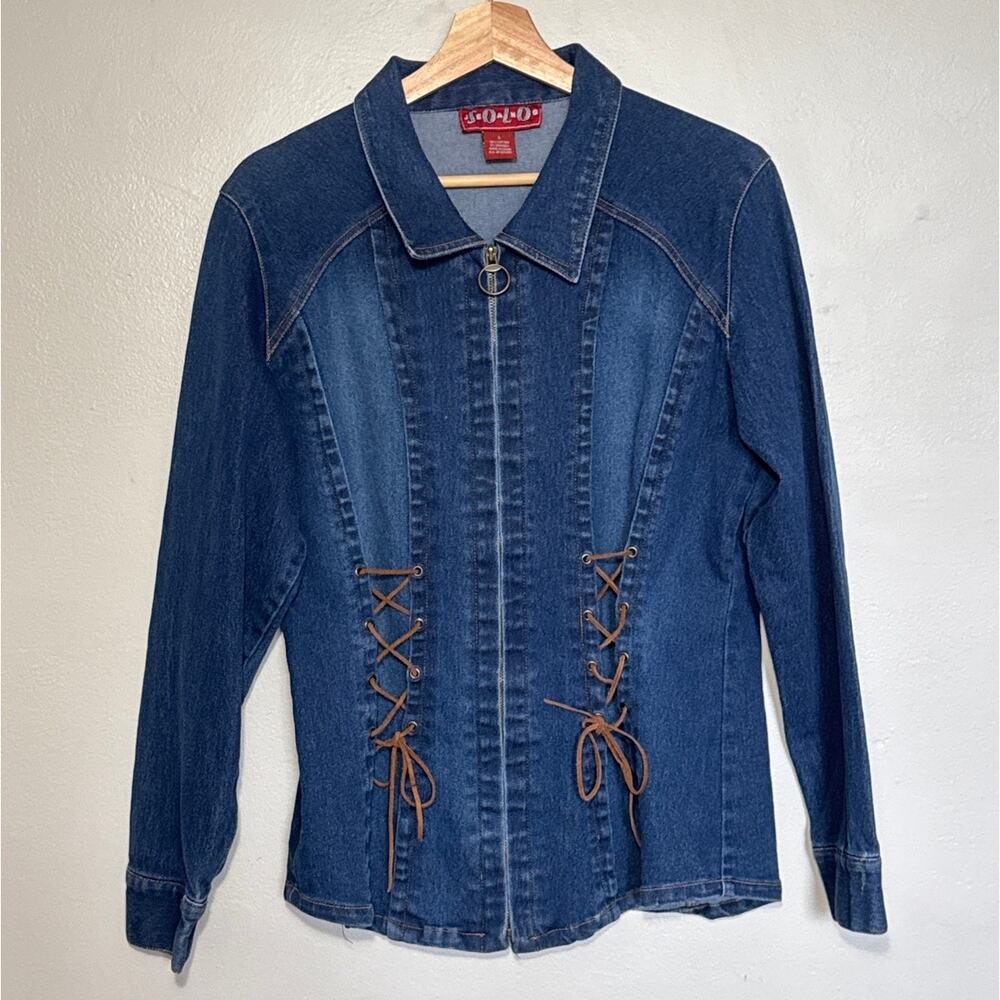 Women's Size S Vintage 90s Solo Jeans Brown Lace Up Medium Wash Jean Jacket